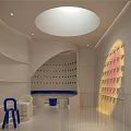 Modern Cafe Interior Featuring White Counter Dessert Display Yellow Decorative Wall And Circular Ceiling Lights 3d model