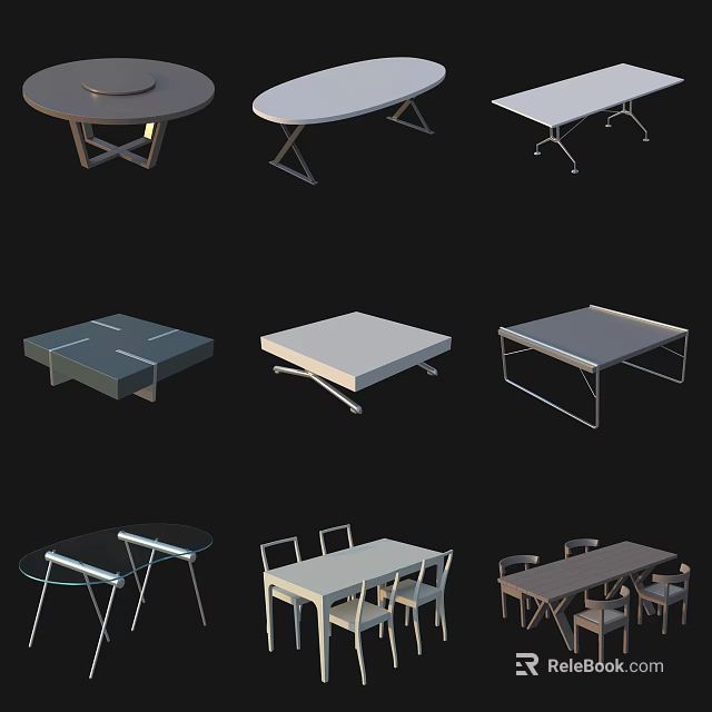 Contemporary Dining Table Set Featuring Round Oval Square Designs With Metal Frames And Chairs 3d model 