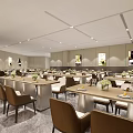 Elegant Modern Restaurant Interior With Wooden Tables Chairs Buffet Counter And Warm Lighting