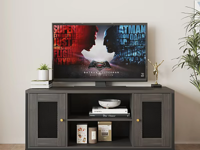 Modern Dark Wooden TV Stand With Storage Cabinets And Decorative Shelves 3d model