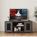 Modern Dark Wooden TV Stand With Storage Cabinets And Decorative Shelves