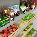 Display Shelves Stocked with Green Tea Beverages and Fresh Fruits in Wooden Crates