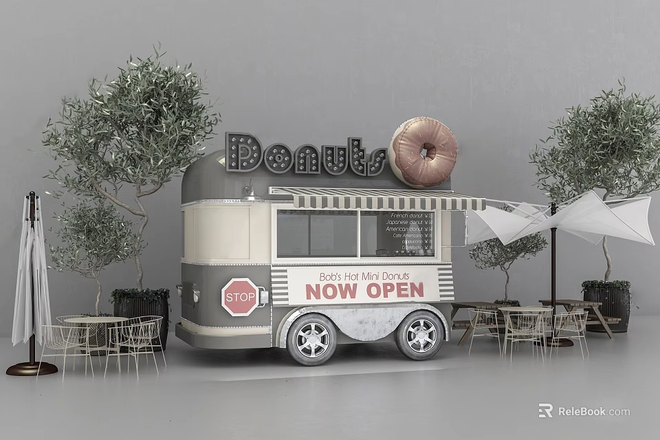 Bonuts Functional Food Truck With Giant Donut Sign Now Open And Outdoor Seating 3d model 