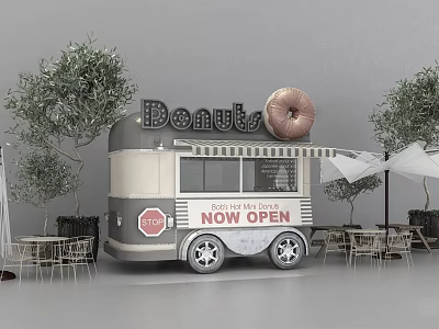 Bonuts Functional Food Truck With Giant Donut Sign Now Open And Outdoor Seating 3d model