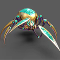Ornate Fantasy Spider Like Creature With Golden Legs And Green Gem Details