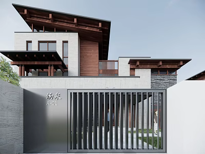 Modern Chinese Style Single-family Villa With Wooden Roof Metal Gate And Stone Wall Exterior 3d model
