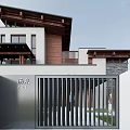 Modern Chinese Style Single-family Villa With Wooden Roof Metal Gate And Stone Wall Exterior