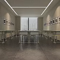 Modern Classroom Interior With White Tables Chairs Projection Screen And Black White