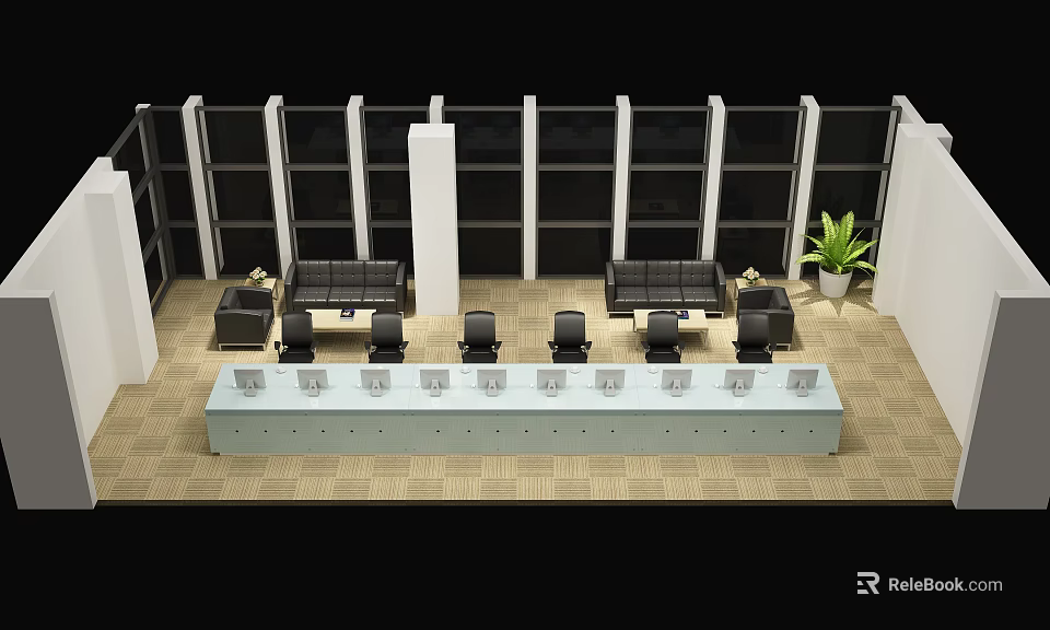 Front Desk Reception Area With Long Reception Desk Office Chairs Sofa And Indoor Plant 3d model 