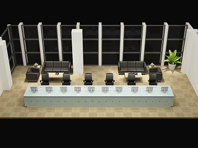 Front Desk Reception Area With Long Reception Desk Office Chairs Sofa And Indoor Plant 3d model