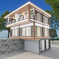 Modern Detached Villa Featuring Large Windows Wooden Accents and Stone Wall Surrounded by Trees