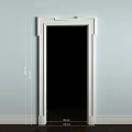 White Carved Classical Door Arch with Decorative Top against Light Blue Wall and Wooden Floor