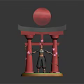 Traditional Character In Black Outfit Standing By Red Torii Gate With Cherry Blossoms