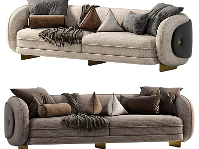 Modern Two Seater Sofa With Plush Pillows Throw Blanket Leather Armrest Trim And Gold Legs 3d model