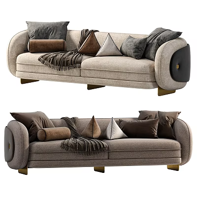 Modern Two Seater Sofa With Plush Pillows Throw Blanket Leather Armrest Trim And Gold Legs 3d model