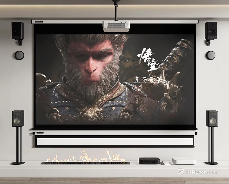 Modern Projection Monitoring System With Large Screen Surround Sound Speakers And Warrior Character 3d model 