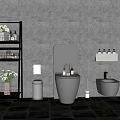Modern Bathroom With Gray Wall Black Tiled Floor Toilet Bidet And Black Shelf With Toiletries