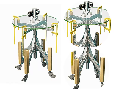 Modern Glass Top Side Table with Metal Frame Yellow Support Legs and Rolling Wheels 3d model