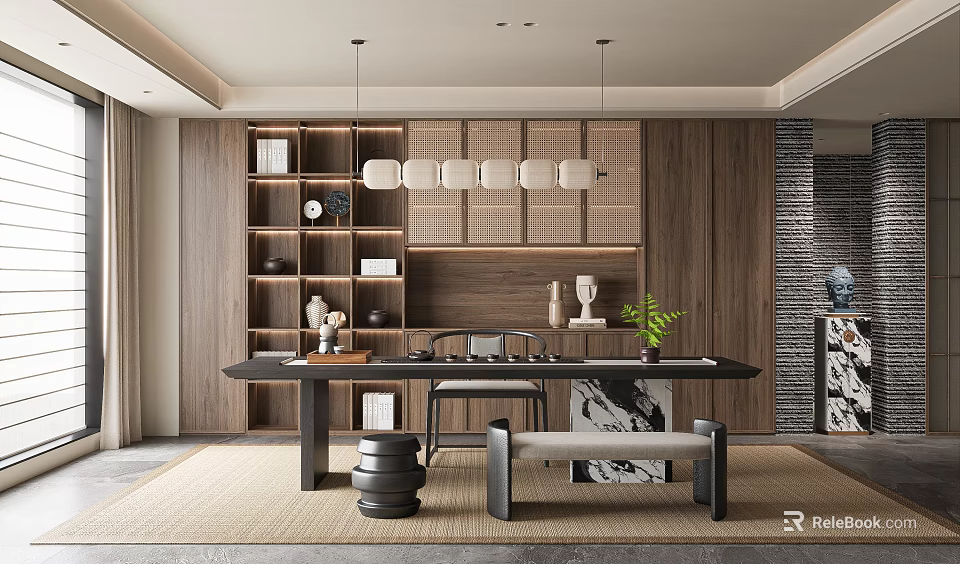 Modern Study Room Interior Design With Wooden Walls Bookshelves Hanging Lights And Long Table 3d model 