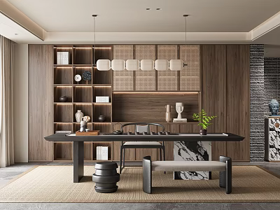 Modern Study Room Interior Design With Wooden Walls Bookshelves Hanging Lights And Long Table 3d model