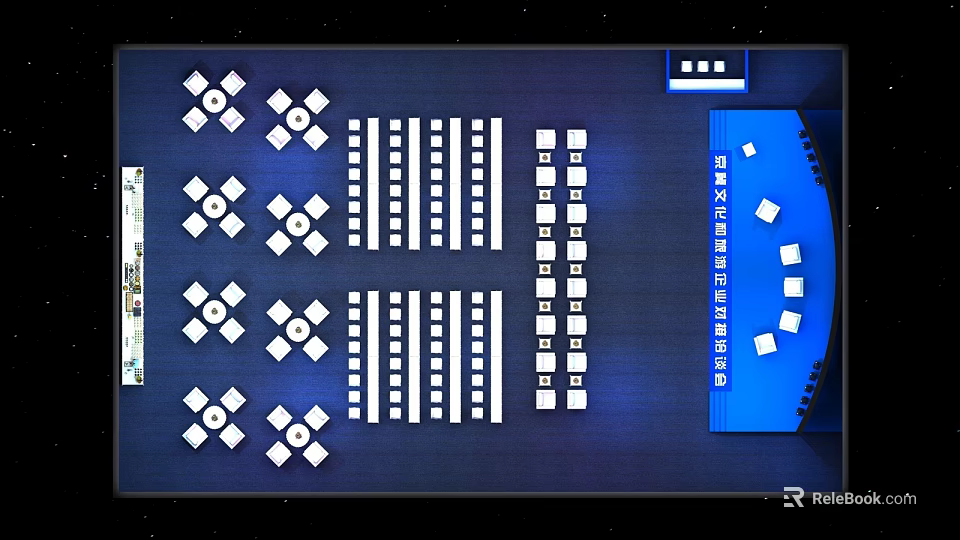 Conference Hall Seating Layout With White Seats And Blue Background Design 3d model 