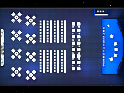 Conference Hall Seating Layout With White Seats And Blue Background Design 3d model