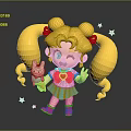 Cute Cartoon Girl With Blonde Pigtails Holding Rabbit Plush And Sparkling Stars