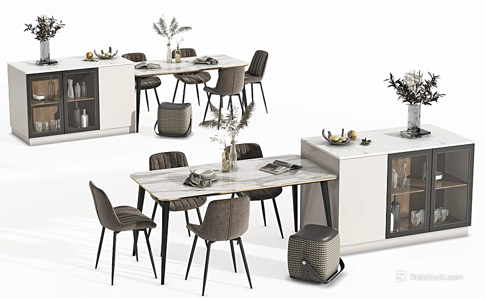 Modern Dining Table Set With Upholstered Chairs Glass Cabinets And Decorative Dried Flowers Fruits Books 3d model 