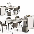 Modern Dining Table Set With Upholstered Chairs Glass Cabinets And Decorative Dried Flowers Fruits Books