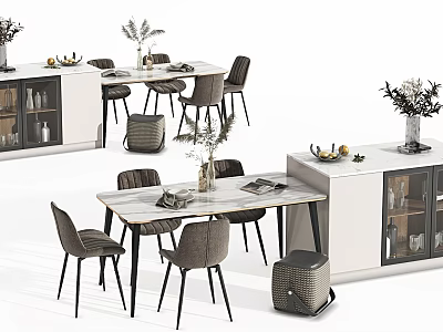 Modern Dining Table Set With Upholstered Chairs Glass Cabinets And Decorative Dried Flowers Fruits Books 3d model