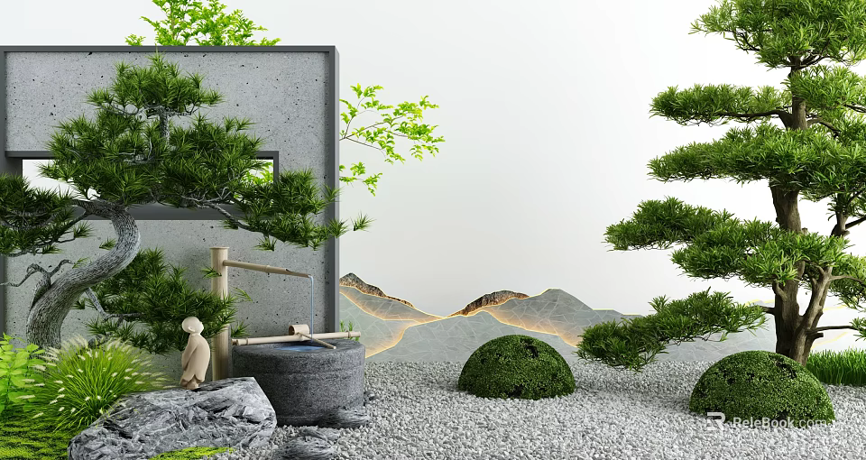Traditional Japanese Courtyard Garden With Stone Lantern Pine Trees And Dry Landscape Gravel 3d model 