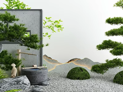 Traditional Japanese Courtyard Garden With Stone Lantern Pine Trees And Dry Landscape Gravel 3d model