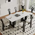 Elegant Dining Table Set with Black Frame Beige Seat Chairs Sunflower Vase Artwork Checkered Rug