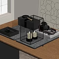 Decorative Ornament Set With Transparent Glass Case Candles Camera Black Tray Wooden Tabletop Geometric Pattern