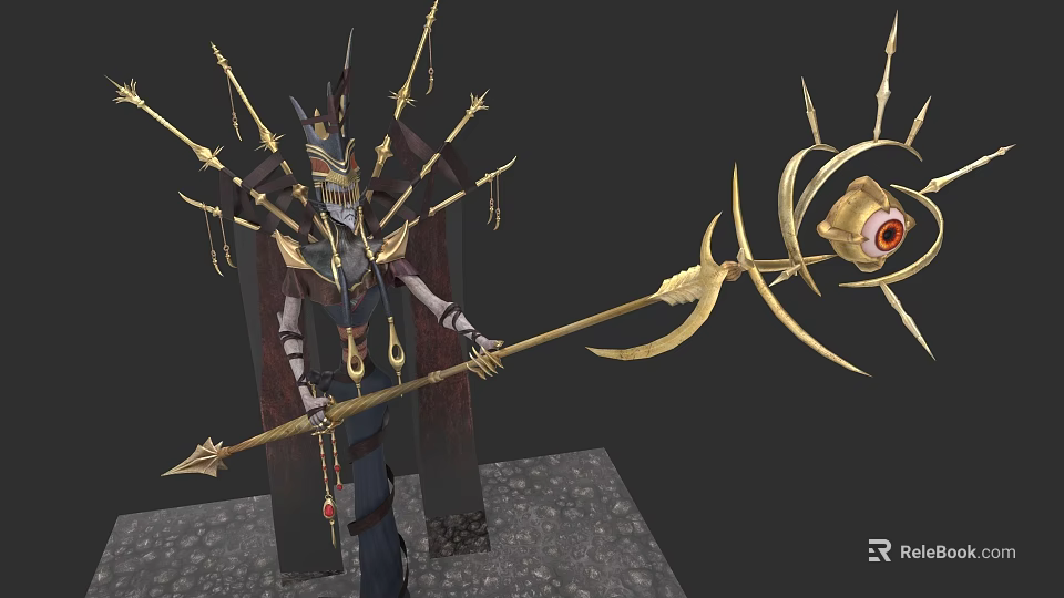 Game And Movie Character With Spiked Headdress Golden Staff And Single Eye Ornament 3d model 