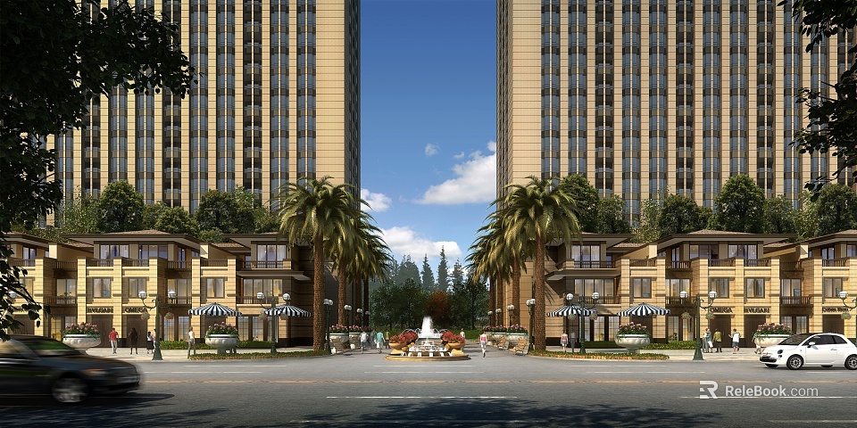 Modern Commercial Street With Tall Buildings Palm Trees And Central Fountain 3d model 