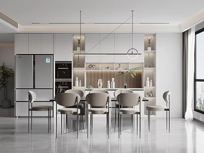 Modern Restaurant Interior Design With Open Layout Dining Table Chairs And Pendant Lights 3d model