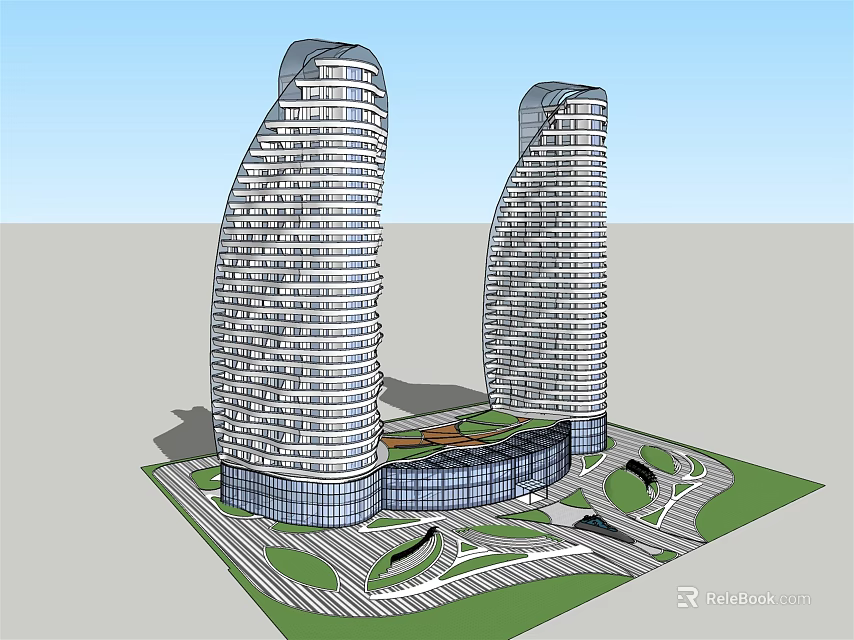 Twin Tower Hotel Building With Unique Architectural Design And Circular Base Greenery Pathways 3d model