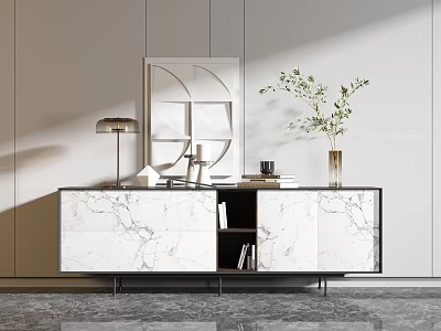 Modern TV Stand with Marble Surface Decorative Mirror Table Lamp and Green Plant 3d model