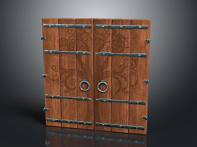 Rustic Wooden Double Door Cabinet With Carved Patterns Metal Ring Handles And Strips Decoration 3d model