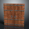 Rustic Wooden Double Door Cabinet With Carved Patterns Metal Ring Handles And Strips Decoration