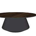 Modern Round Coffee Table with Walnut Wooden Top and Black Geometric Base Design