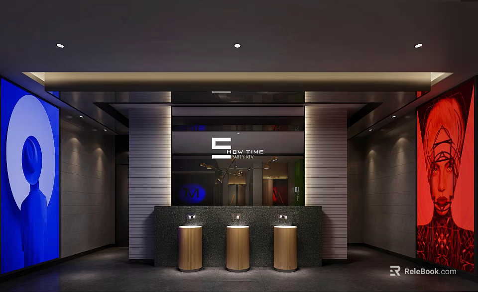 Modern Public Toilet Interior Design With Sleek Wash Basins And Lighting Fixtures 3d model 