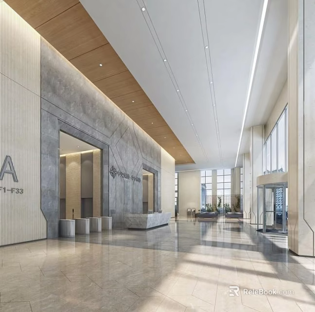 Modern Front Desk Reception Lobby With Marble Counter Wooden Accents And Large Windows 3d model 