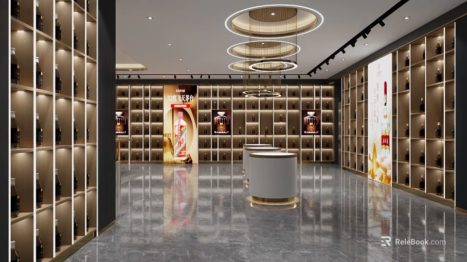 Modern Liquor Store Interior Design With Wine Racks Display Cabinets And Chandeliers 3d model 