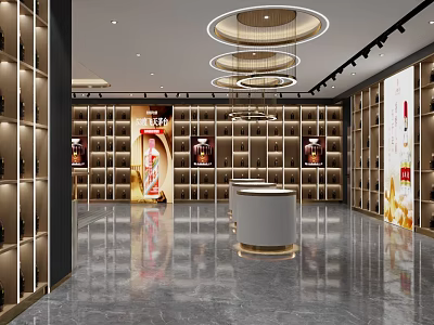 Modern Liquor Store Interior Design With Wine Racks Display Cabinets And Chandeliers 3d model