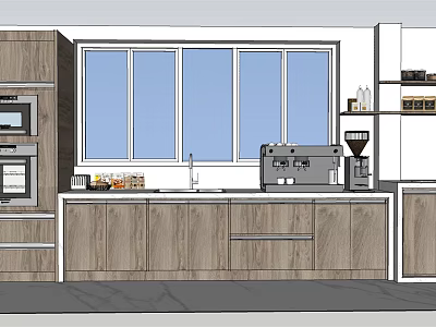 Coffee Shop Interior With Wooden Cabinets Large Windows And Coffee Machine 3d model