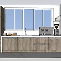 Coffee Shop Interior With Wooden Cabinets Large Windows And Coffee Machine