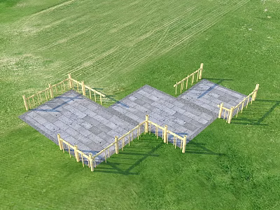 Gray Garden Path Paving Design With Yellow Wooden Fence On Open Green Lawn 3d model