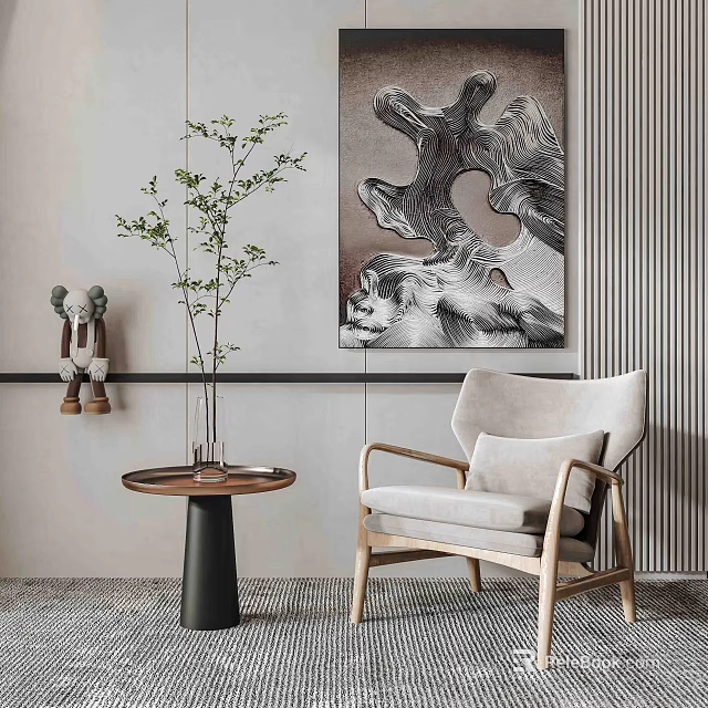 Modern Single Sofa With Light Gray Fabric Wooden Legs Green Plant And Side Table 3d model 